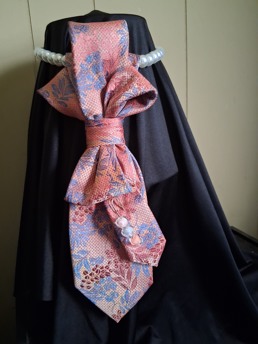 Custom Handmade Ladies Pink & Blue Floral Bowtie Necklace with Pearls